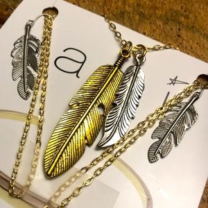Feathers! Necklace Earrings Two Tone Gold/Silver